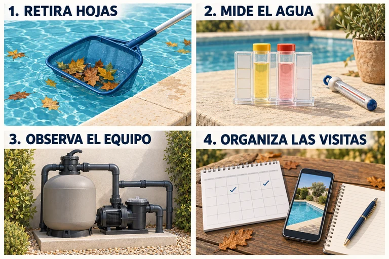 Cuatro acciones ilustradas: retirar hojas, medir el agua, observar el equipo y organizar las visitas.