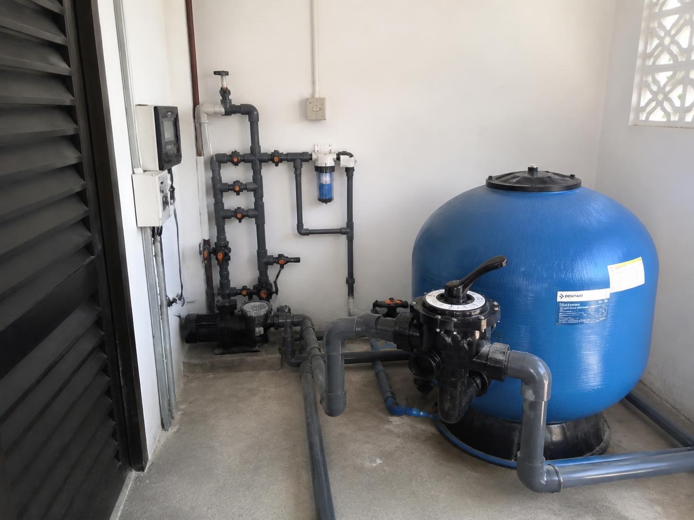 Sala técnica con bomba, filtro de arena y valvulería de una piscina